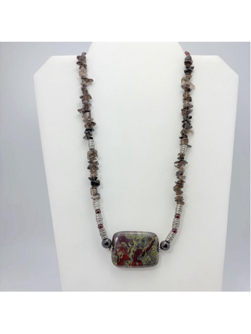 Vintage Necklace Dragon's Blood Jasper Smokey Quartz Garnet Sterling Silver - Picture 3 of 8